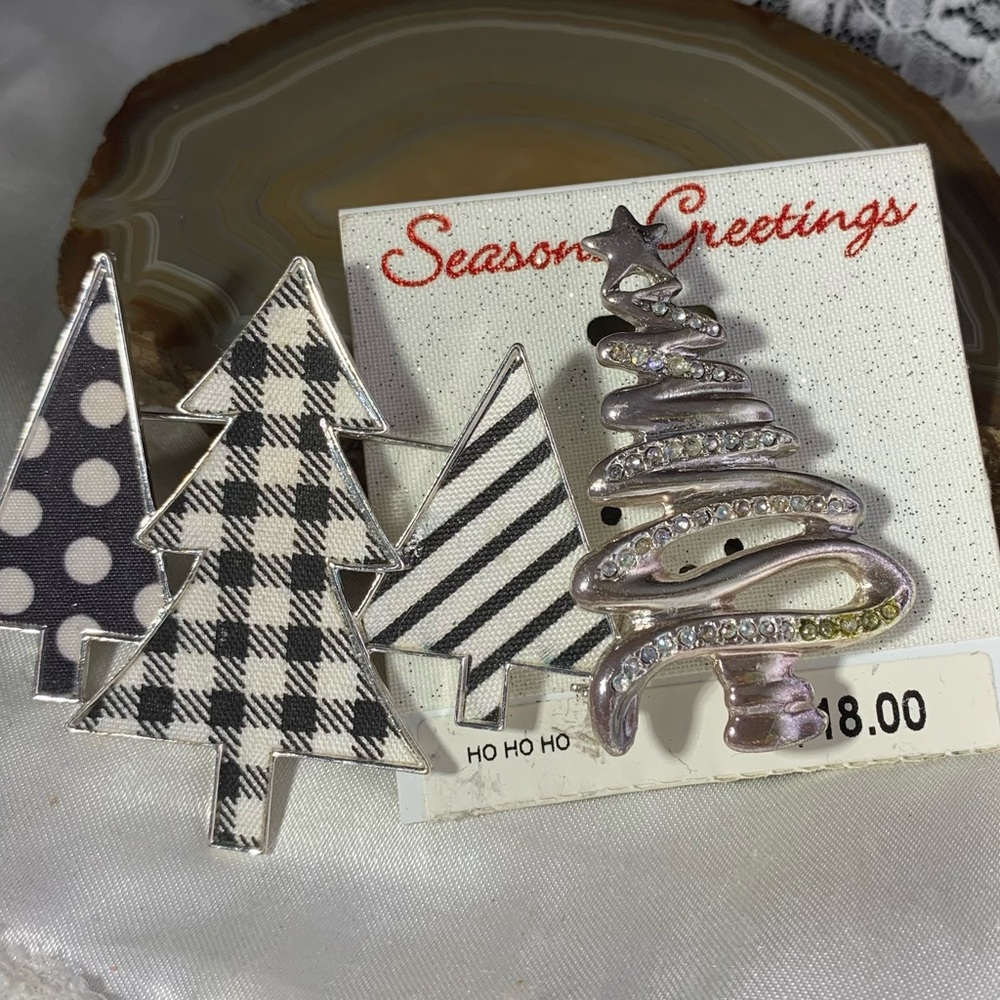 2 Christmas Tree Silver and Black, Rhinestone Holiday Tree Brooches